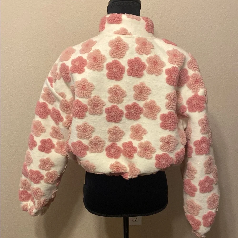 Floral Pink and White Fleece Bomber Jacket - Picture 2 of 6